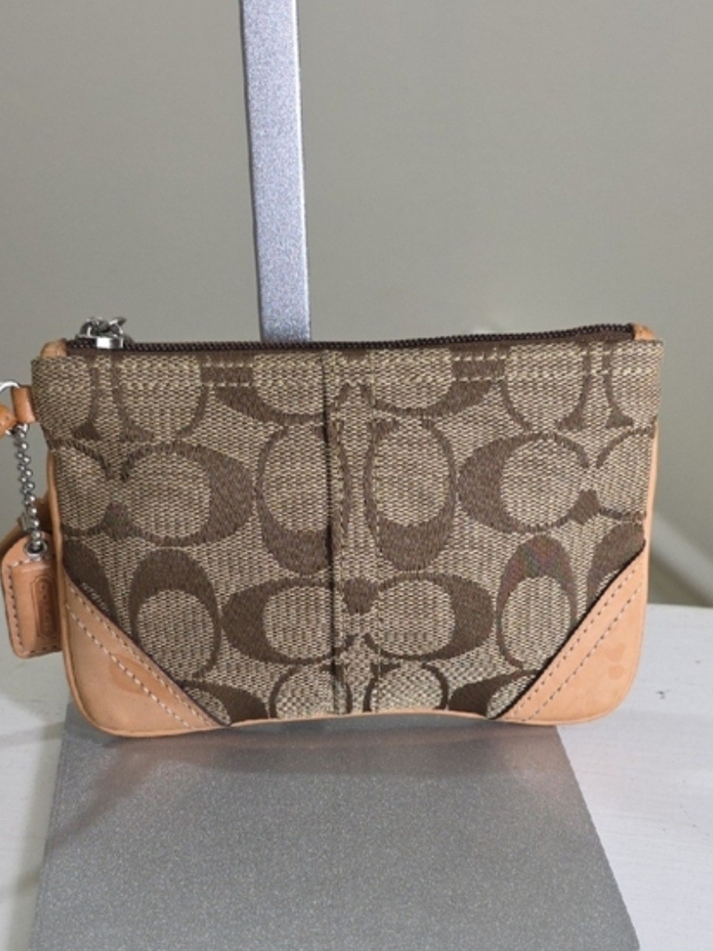 Coach Jacguard Signature Canvas Small Wristlet Pouch in Brown/Tan